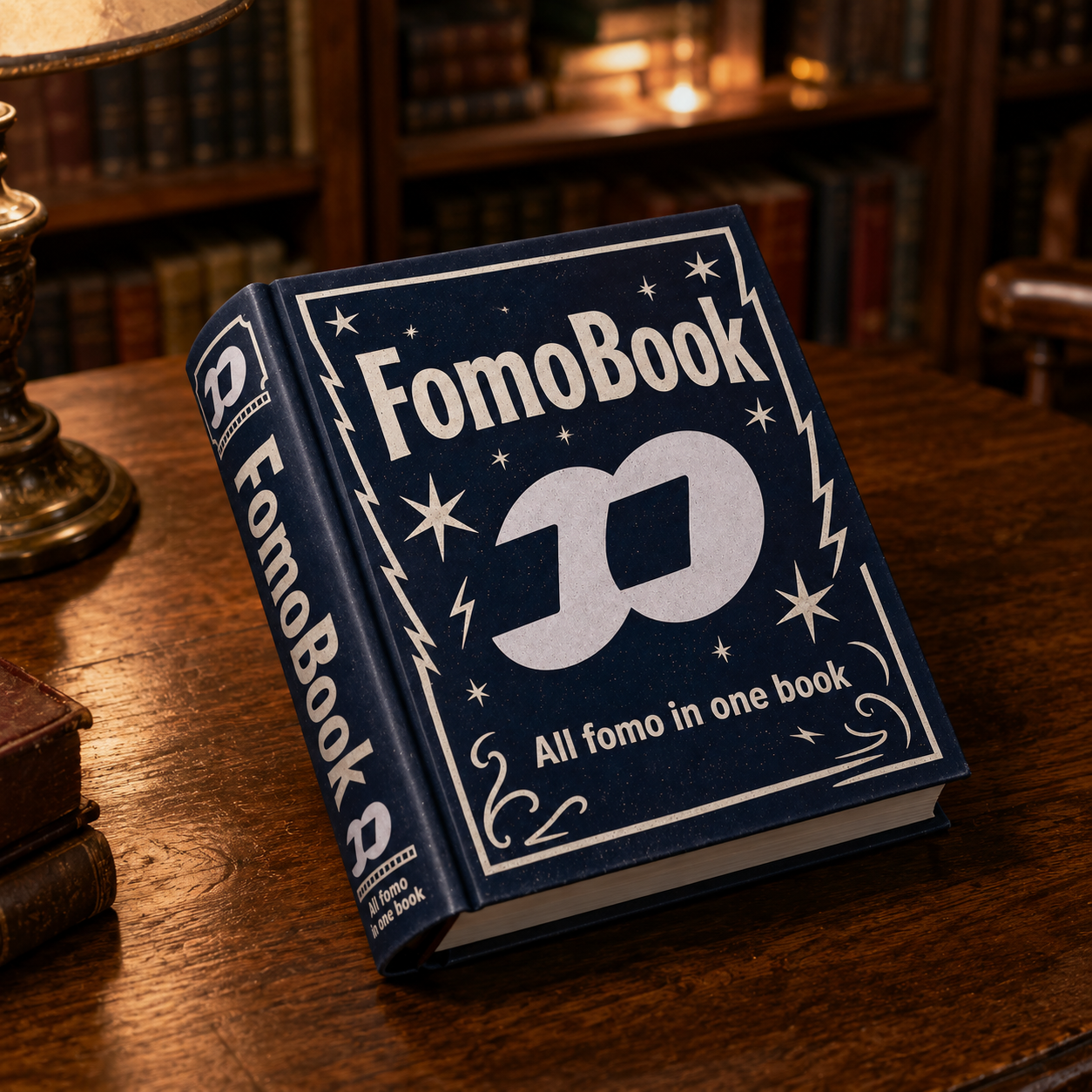 FOMOBOOK book character on a wooden library desk